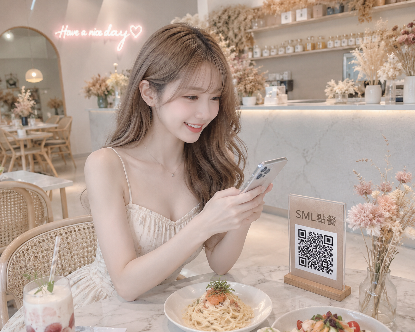 顧客在明亮咖啡廳使用手機點餐，桌上放著 SML 點餐 QR 桌牌