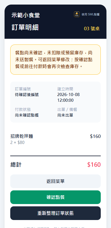 SML 實際訂單確認介面，以虛構餐點示範核對明細後確認點餐